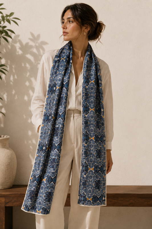 Geometric Blue Silk Scarf